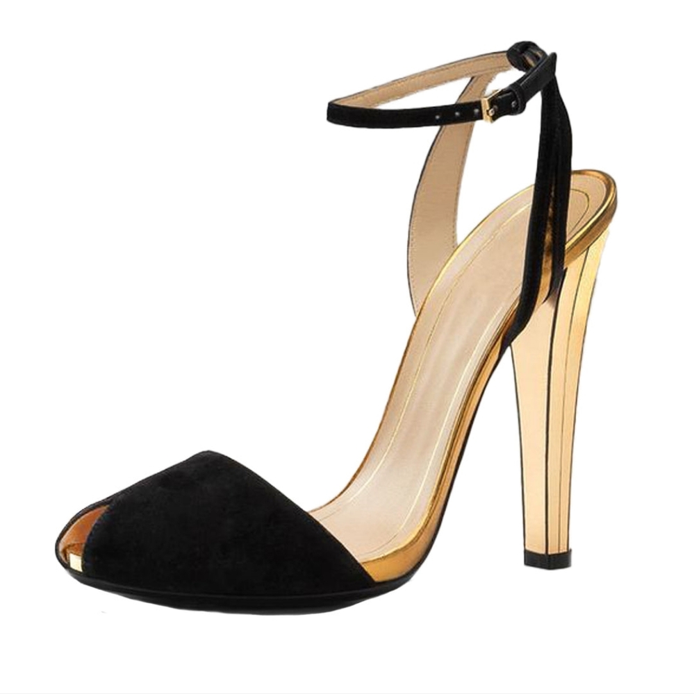 Gucci Delphine gold mirror heel Art Deco disco black suede peep toe sandals 37.5